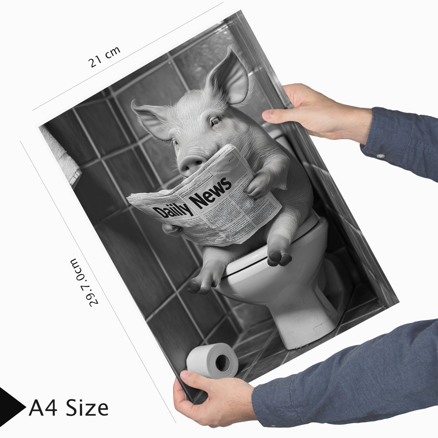 Set de 2 Cuadros de Animales con Periódico en el WC, Perro, Cerdo, Blanco y Negro con Ilustración Impresa en Estilo B/N para Decorar las Paredes del WC, Cuarto de Baño, Aseo, WC