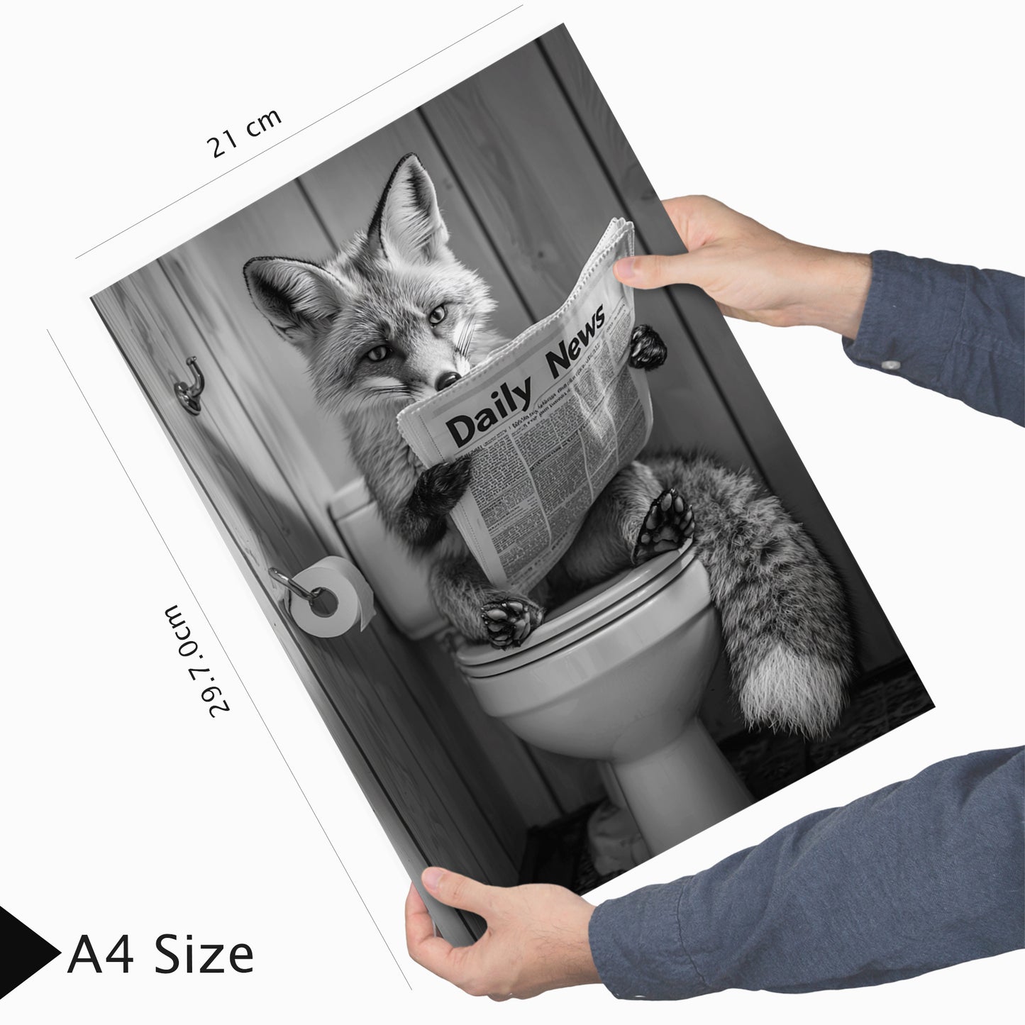 Set de 2 Cuadros de Animales con Periódico En el Inodoro, Toro, Zorro, Blanco y Negro con Ilustración Impresa en Estilo B/N para Decorar las Paredes del Inodoro, Baño, Lavabo, WC