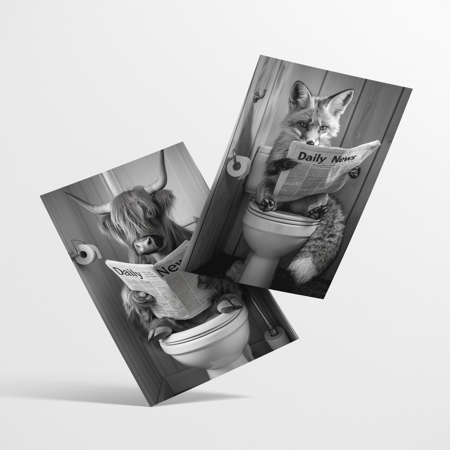 Set de 2 Cuadros de Animales con Periódico En el Inodoro, Toro, Zorro, Blanco y Negro con Ilustración Impresa en Estilo B/N para Decorar las Paredes del Inodoro, Baño, Lavabo, WC