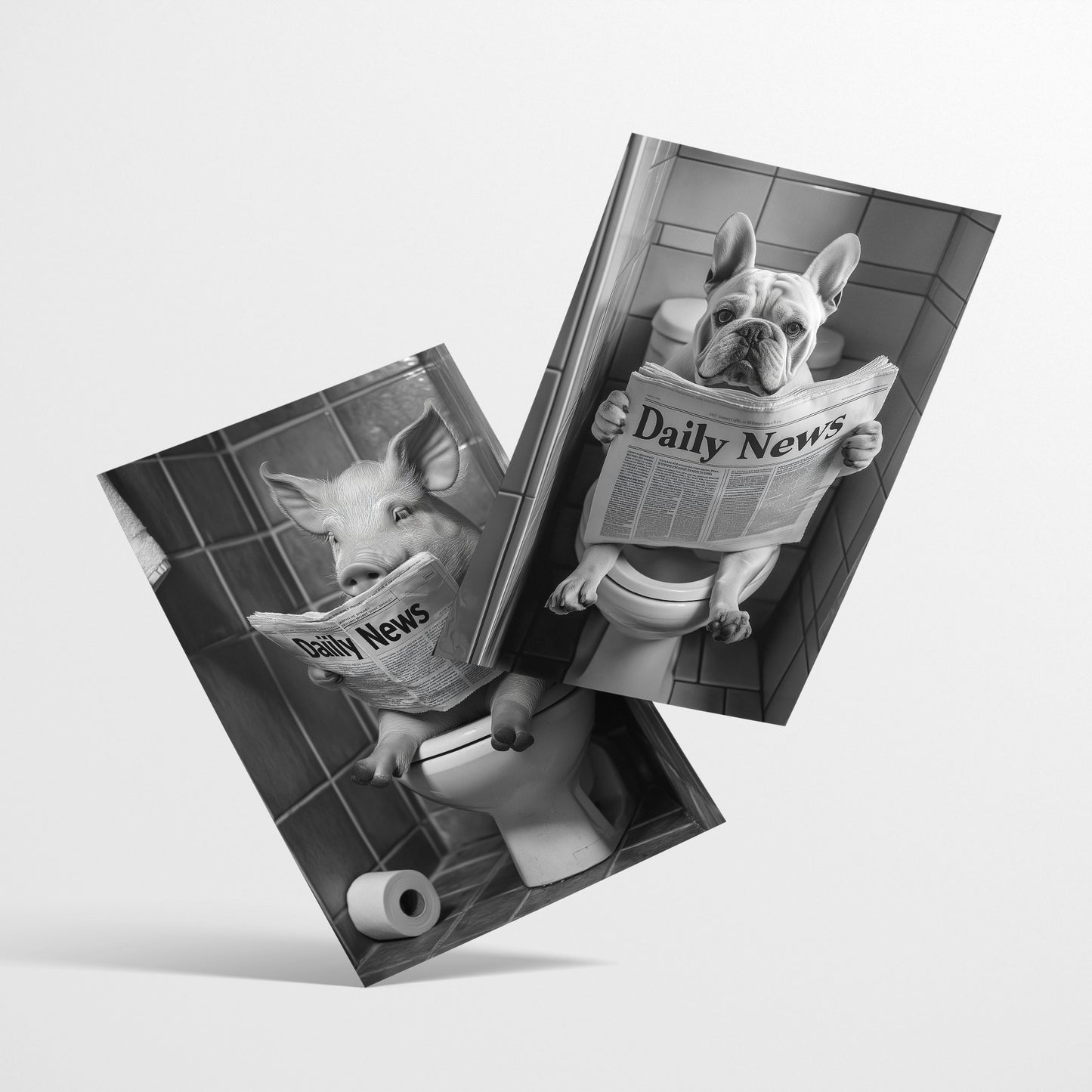 Set de 2 Cuadros de Animales con Periódico en el WC, Perro, Cerdo, Blanco y Negro con Ilustración Impresa en Estilo B/N para Decorar las Paredes del WC, Cuarto de Baño, Aseo, WC
