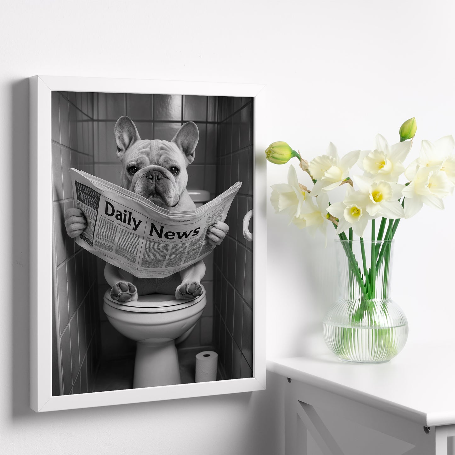 Set de 3 Cuadros Animales Leyendo Periódico En El Inodoro, Gato, Perro, Llama, Póster en Blanco y Negro con Ilustración Impresa en Estilo B/N para Decorar las Paredes del Inodoro, Baño, Lavabo, WC