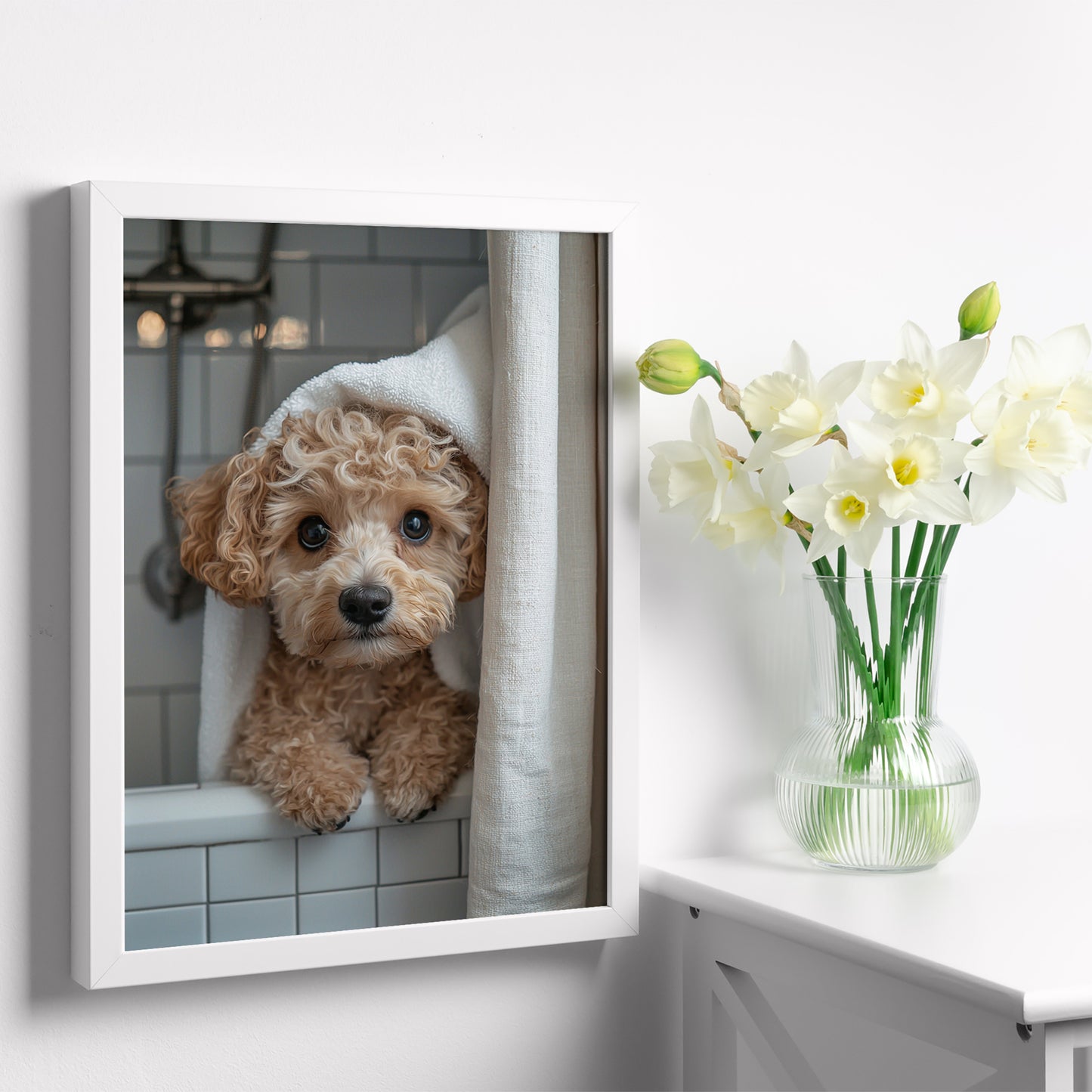 Set de 2 Cuadros Coloridos de Perro en la Ducha, Ilustración de Baño de Cachorros en Estilo Fotográfico, Lindos Animales para Decorar, Arte de Pared para Inodoro, Ducha, Baño, WC