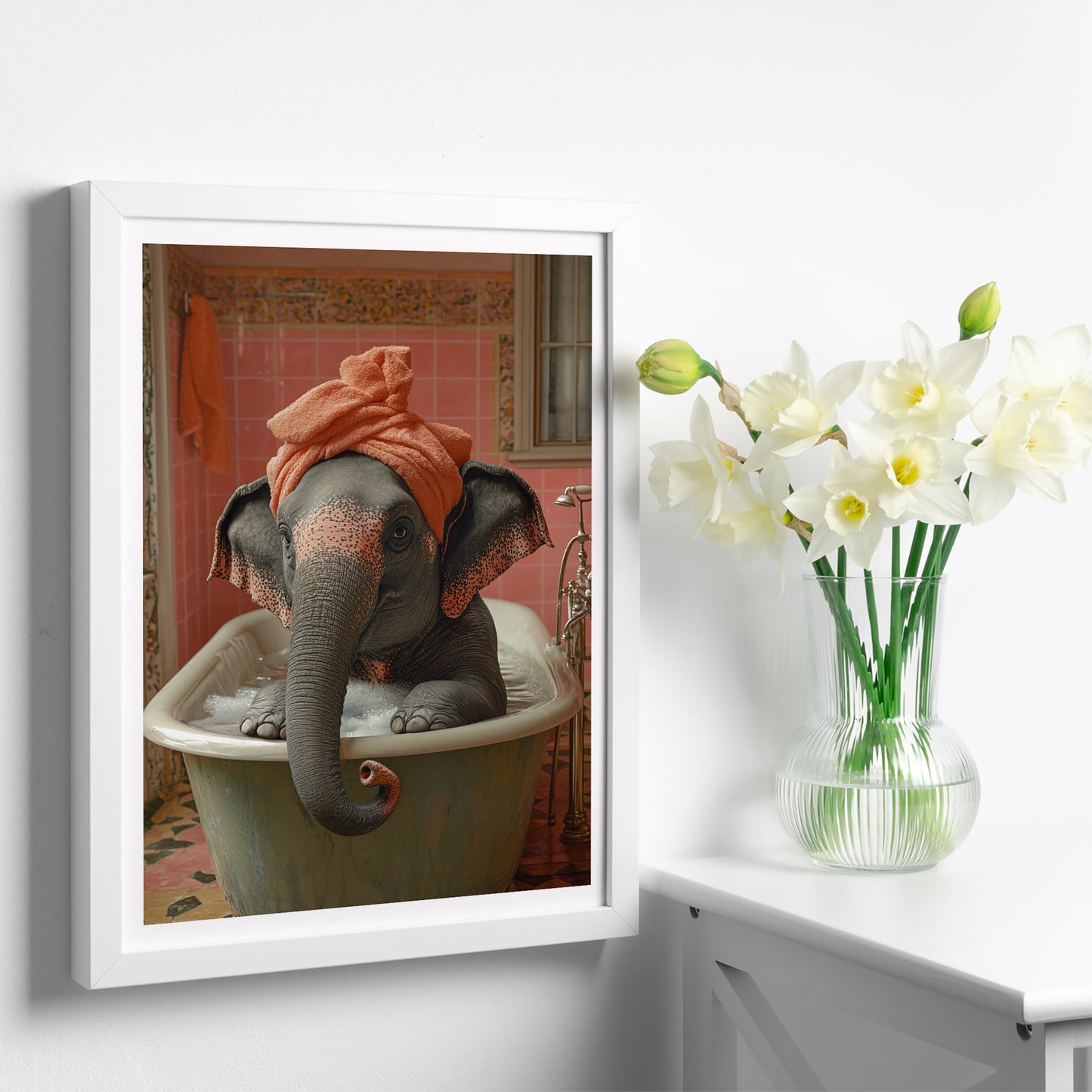Set de 3 Cuadros de Bebé Elefante Bañandose con Lindos Animales Coloridos, Ilustración para Decorar, Wallart para Inodoro, Ducha, Baño, Aseo, WC