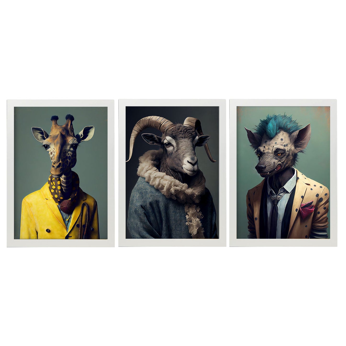 Animal humano nacnico Birdorn Giraffe Hyena. Estampados de arte de pared estético para el diseño de dormitorio o sala de estar-Artwork-Nacnic-A4-Marco Blanco-Nacnic Estudio SL