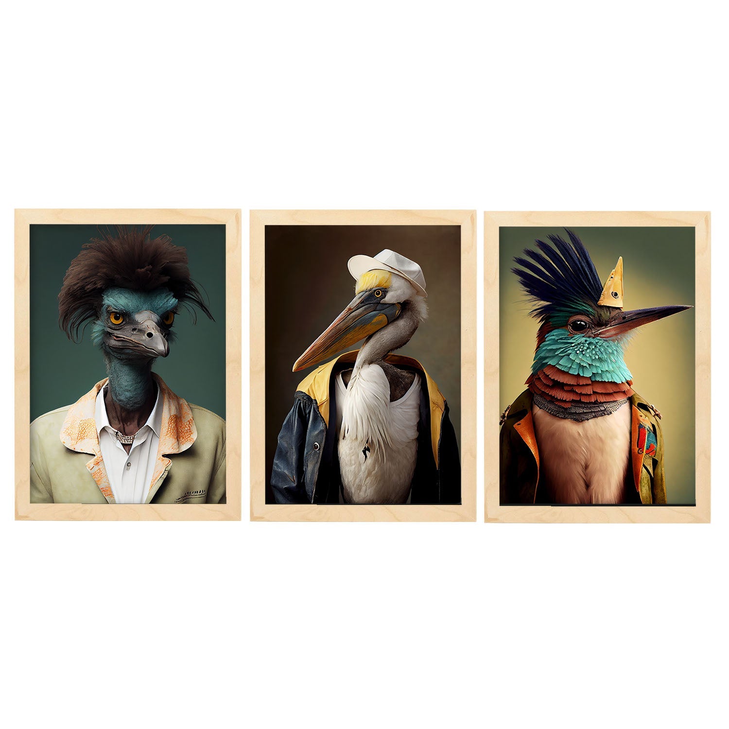 Animal humano nacnico EMU Hummingbird Pelican. Estampados de arte de pared estético para el diseño de dormitorio o sala de estar-Artwork-Nacnic-A4-Marco Madera clara-Nacnic Estudio SL