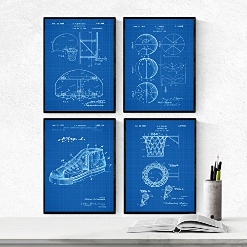 AZUL - Pack de 4 láminas con PATENTES de BALONCESTO. Set de posters con inventos y Patentes Antiguas. Nacnic-Artwork-Nacnic-Nacnic Estudio SL