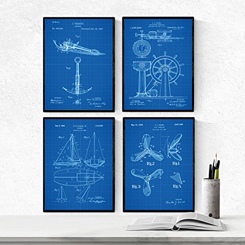 Azul - Pack de 4 Láminas con Patentes de Barcos. Set de Posters con inventos y Patentes Antiguas.-Artwork-Nacnic-Nacnic Estudio SL