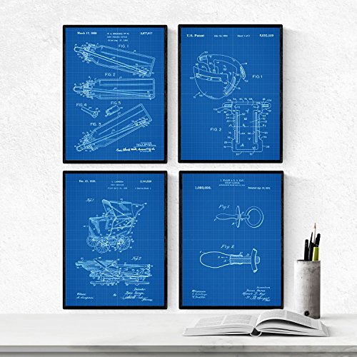 Azul - Pack de 4 Láminas con Patentes de Bebés. Set de Posters con inventos y Patentes Antiguas.-Artwork-Nacnic-Nacnic Estudio SL