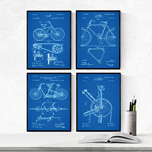 Azul - Pack de 4 láminas con Patentes de Bicicletas 2. Set de Posters con inventos y Patentes Antiguas.-Artwork-Nacnic-Nacnic Estudio SL