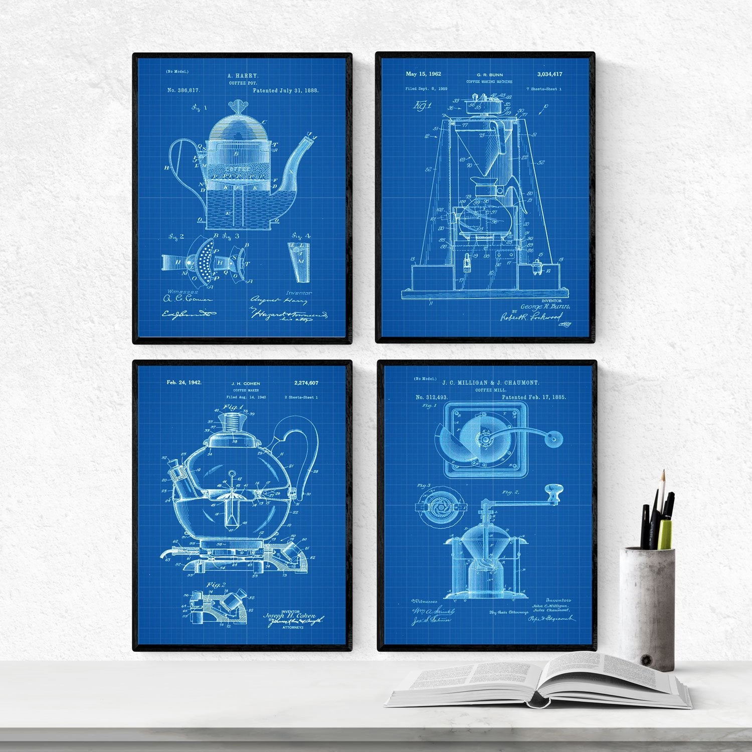 Azul - Pack de 4 Láminas con Patentes de CAFETERAS. Set de Posters con inventos y Patentes Antiguas.-Artwork-Nacnic-Nacnic Estudio SL