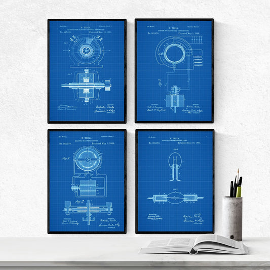 Azul - Pack de 4 Láminas con Patentes de Electricidad. Set de Posters con inventos y Patentes Antiguas-Artwork-Nacnic-Nacnic Estudio SL