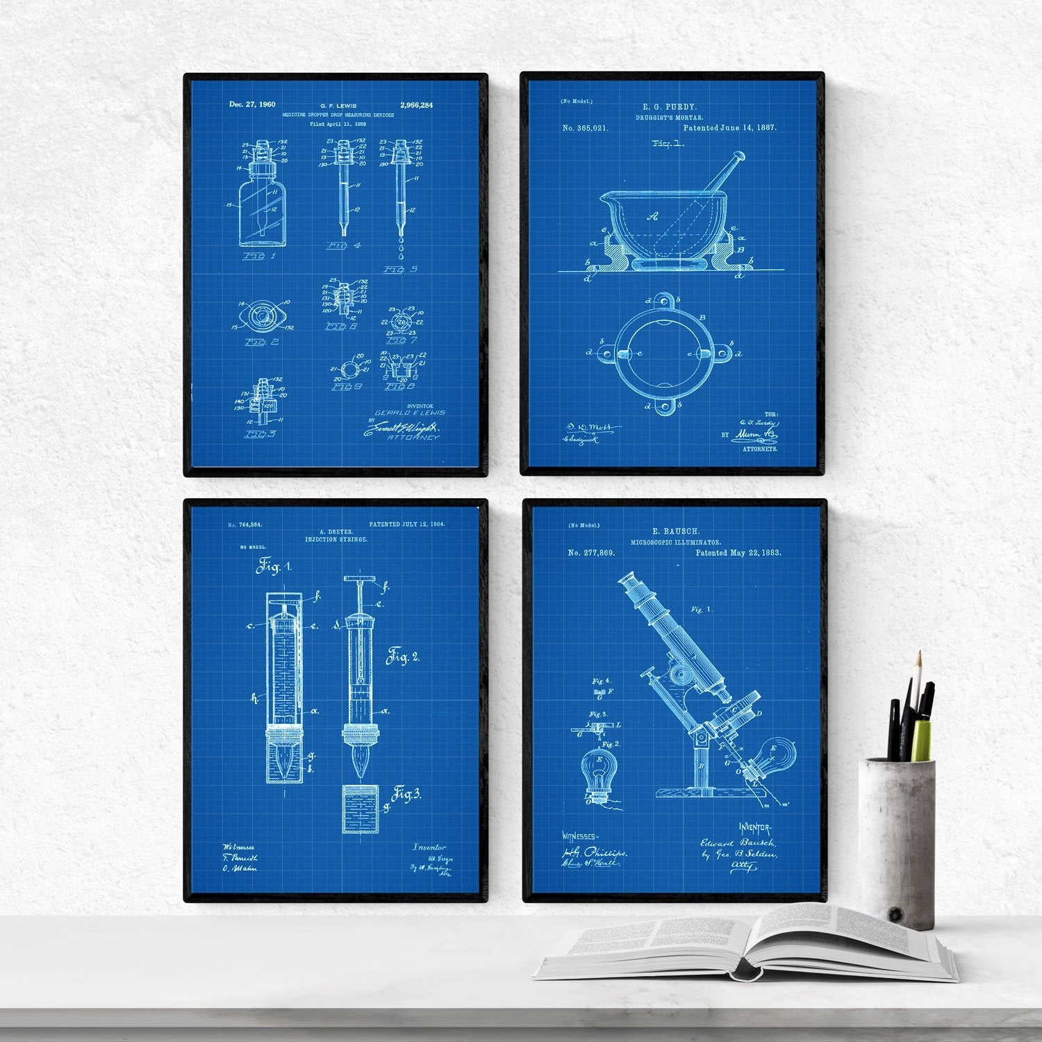 Azul - Pack de 4 Láminas con Patentes de Farmacia. Set de Posters con inventos y Patentes Antiguas.-Artwork-Nacnic-Nacnic Estudio SL