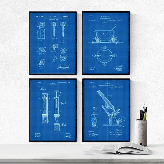 Azul - Pack de 4 Láminas con Patentes de Farmacia. Set de Posters con inventos y Patentes Antiguas.-Artwork-Nacnic-Nacnic Estudio SL