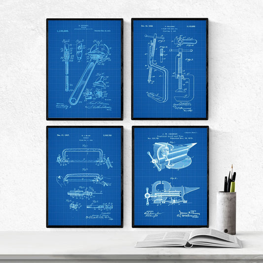 Azul - Pack de 4 Láminas con Patentes de Herramientas 2. Set de Posters con inventos y Patentes Antiguas.-Artwork-Nacnic-Nacnic Estudio SL