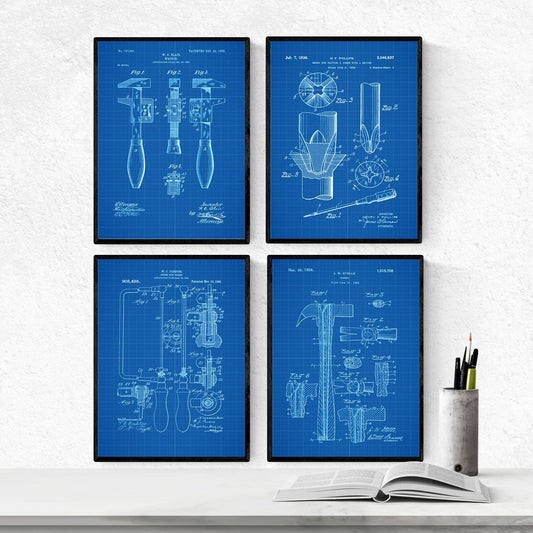 Azul - Pack de 4 Láminas con Patentes de Herramientas. Set de Posters con inventos y Patentes Antiguas.-Artwork-Nacnic-Nacnic Estudio SL