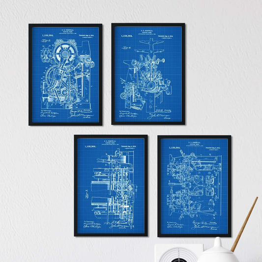 Azul - Pack de 4 Láminas con Patentes de IMPRENTAS. Set de Posters con inventos y Patentes Antiguas.-Artwork-Nacnic-Nacnic Estudio SL