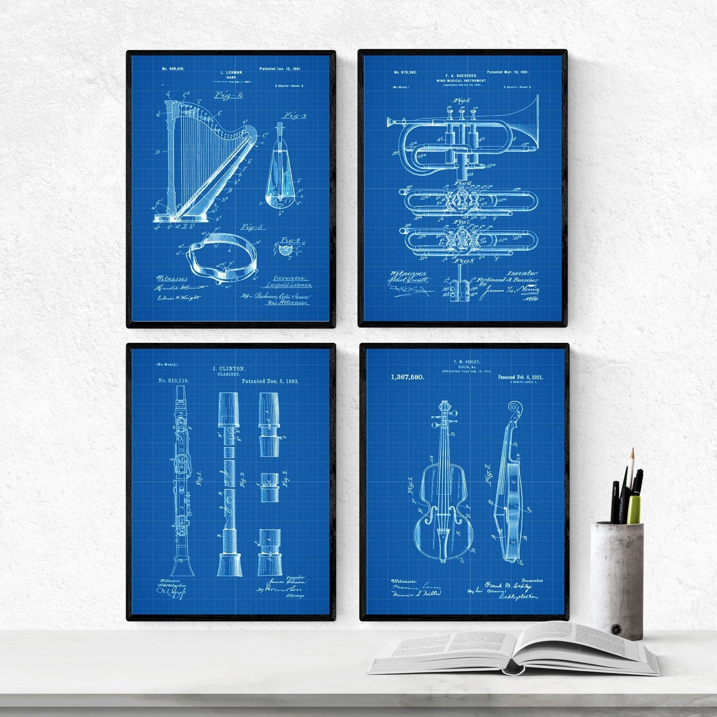 Azul - Pack de 4 láminas con Patentes de Instrumentos Musicales. Set de posters con inventos y Patentes Antiguas. Nacnic-Artwork-Nacnic-Nacnic Estudio SL