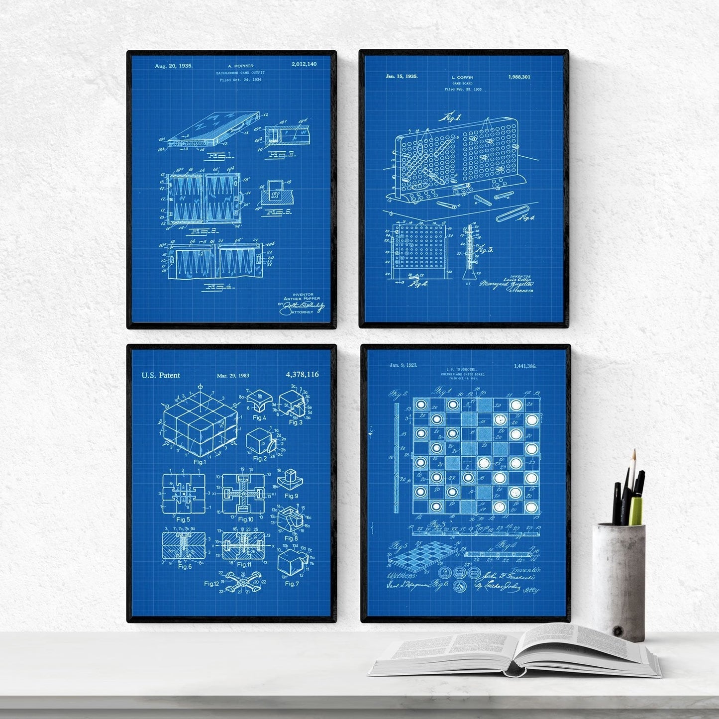 Azul - Pack de 4 Láminas con Patentes de Juegos DE Mesa. Set de Posters con inventos y Patentes Antiguas.-Artwork-Nacnic-Nacnic Estudio SL