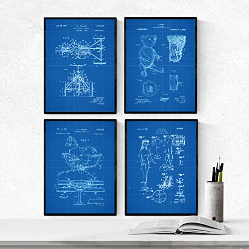Azul - Pack de 4 Láminas con Patentes de Juguetes Infantiles. Set de Posters con inventos y Patentes Antiguas.-Artwork-Nacnic-Nacnic Estudio SL