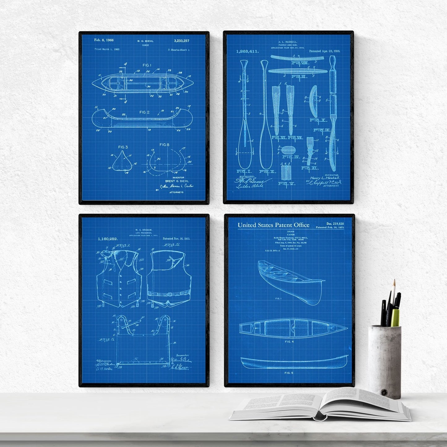 Azul - Pack de 4 Láminas con Patentes de Kayak. Set de Posters con inventos y Patentes Antiguas.-Artwork-Nacnic-Nacnic Estudio SL