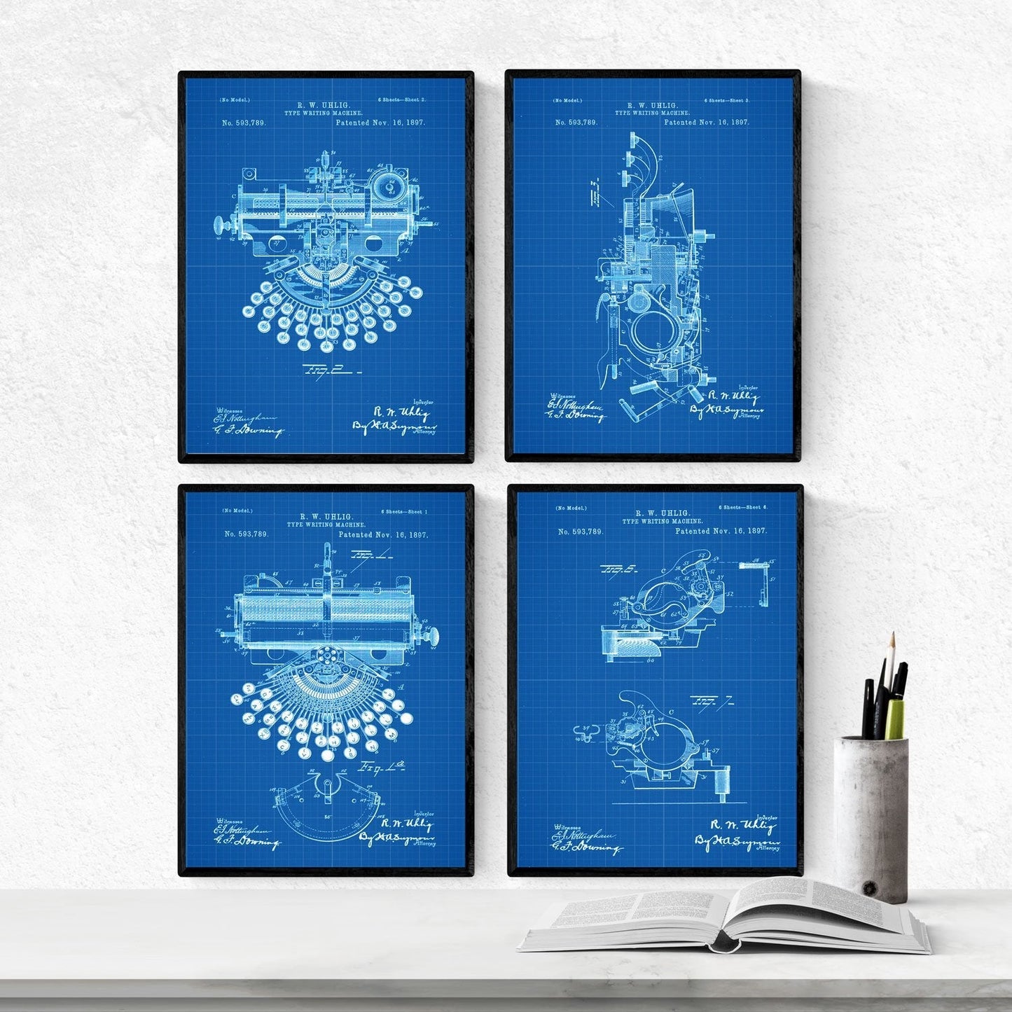 Azul - Pack de 4 Láminas con Patentes de Máquinas de Escribir. Set de Posters con inventos y Patentes Antiguas.-Artwork-Nacnic-Nacnic Estudio SL