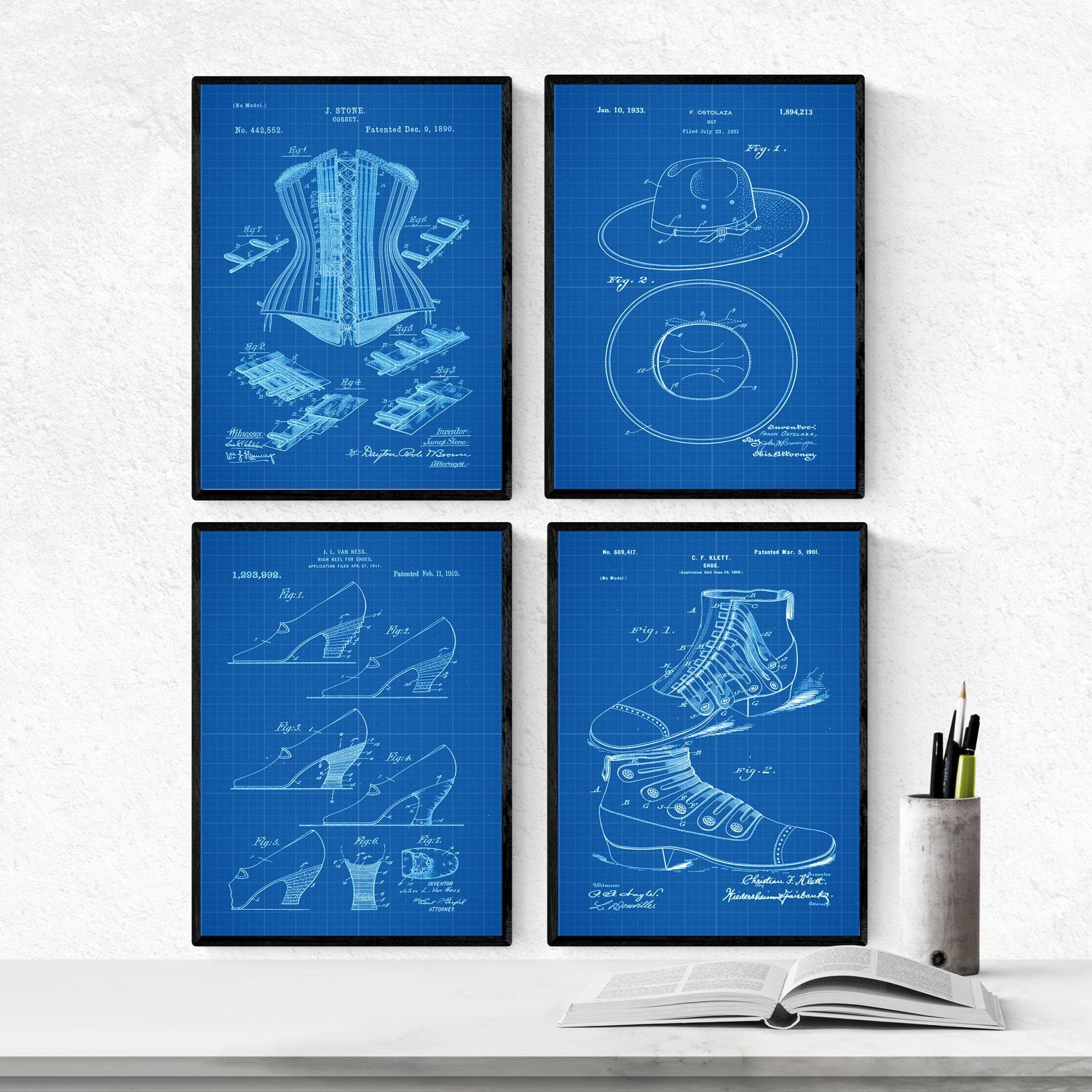 Azul - Pack de 4 Láminas con Patentes de Moda. Set de Posters con inventos y Patentes Antiguas.-Artwork-Nacnic-Nacnic Estudio SL