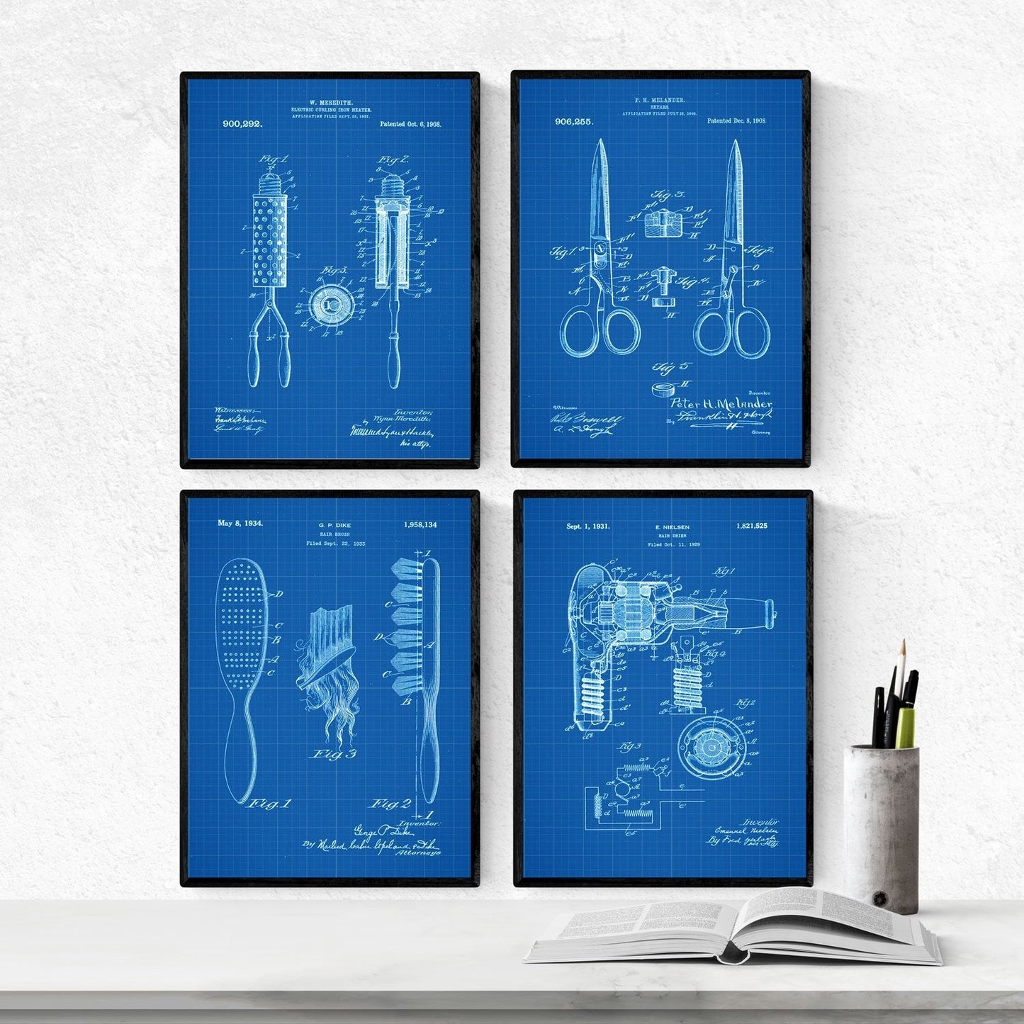 Azul - Pack de 4 Láminas con Patentes de PELUQUERIA. Set de Posters con inventos y Patentes Antiguas.-Artwork-Nacnic-Nacnic Estudio SL
