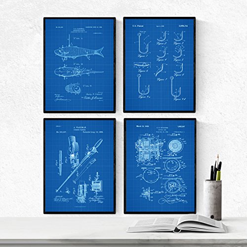 Azul - Pack de 4 Láminas con Patentes de Pesca. Set de Posters con inventos y Patentes Antiguas.-Artwork-Nacnic-Nacnic Estudio SL