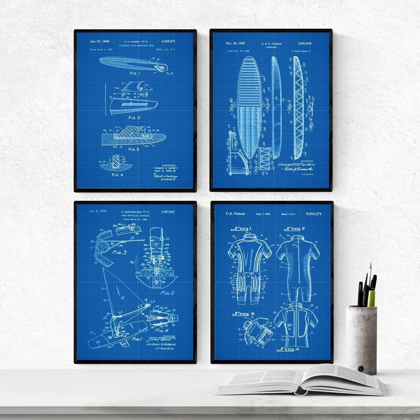 Azul - Pack de 4 Láminas con Patentes de Surf. Set de Posters con inventos y Patentes Antiguas.-Artwork-Nacnic-Nacnic Estudio SL