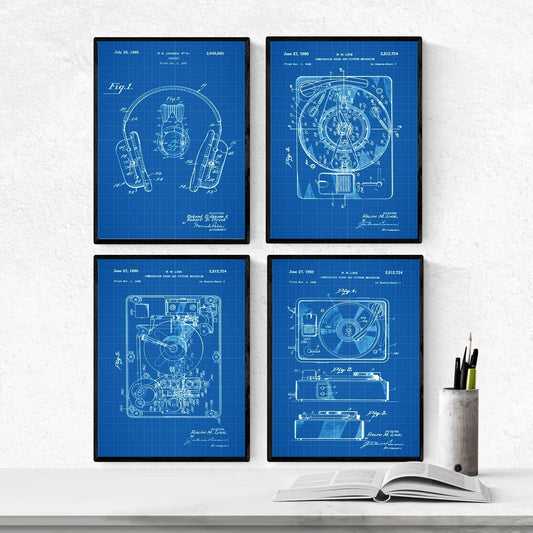 Azul - Pack de 4 Láminas con Patentes de Tocadiscos. Set de Posters con inventos y Patentes Antiguas-Artwork-Nacnic-Nacnic Estudio SL