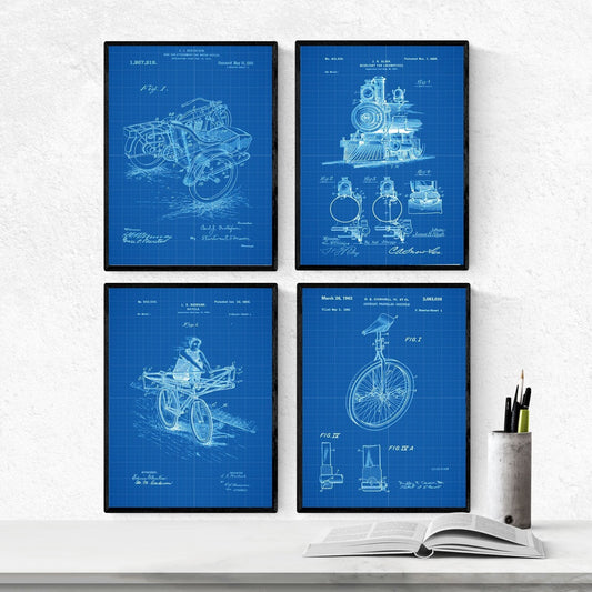 Azul - Pack de 4 Láminas con Patentes de Vehículos. Set de Posters con inventos y Patentes Antiguas.-Artwork-Nacnic-Nacnic Estudio SL
