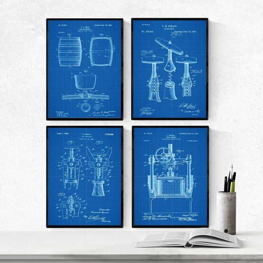 Azul - Pack de 4 Láminas con Patentes de Vino. Set de Posters con inventos y Patentes Antiguas.-Artwork-Nacnic-Nacnic Estudio SL