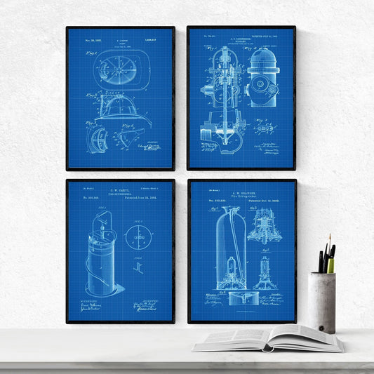 Azul - Pack de 4 Láminas con Patentes del Cuerpo DE Bomberos. Set de Posters con inventos y Patentes Antiguas.-Artwork-Nacnic-Nacnic Estudio SL