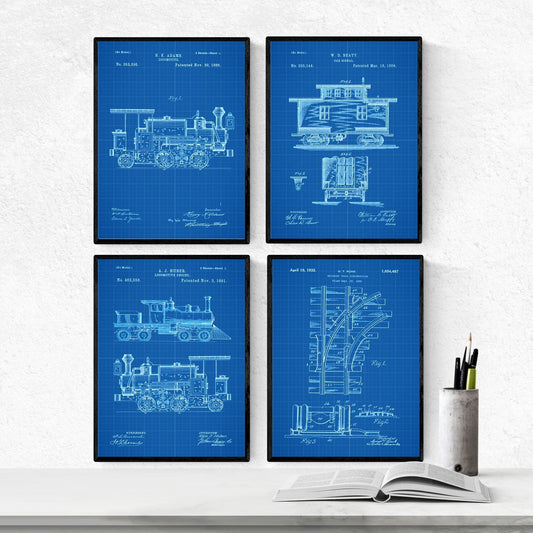 Azul - Pack de 4 láminas con Patentes del FERROCARRIL. Set de Posters con inventos y Patentes Antiguas.-Artwork-Nacnic-Nacnic Estudio SL