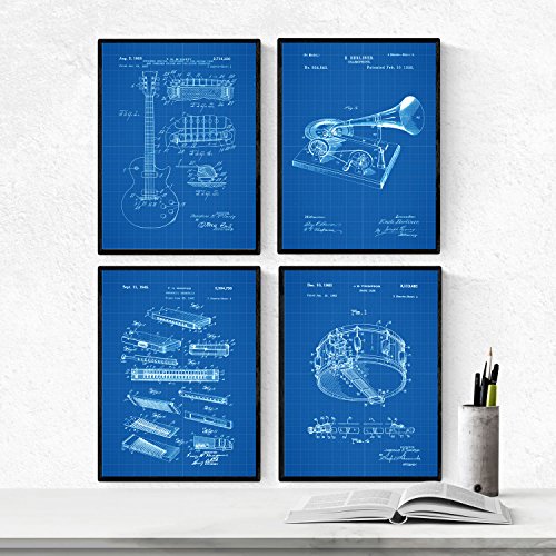 AZUL - Pack de 4 láminas con PATENTES relacionadas con el BLUES. Set de posters con inventos y patentes antiguas.-Artwork-Nacnic-Nacnic Estudio SL