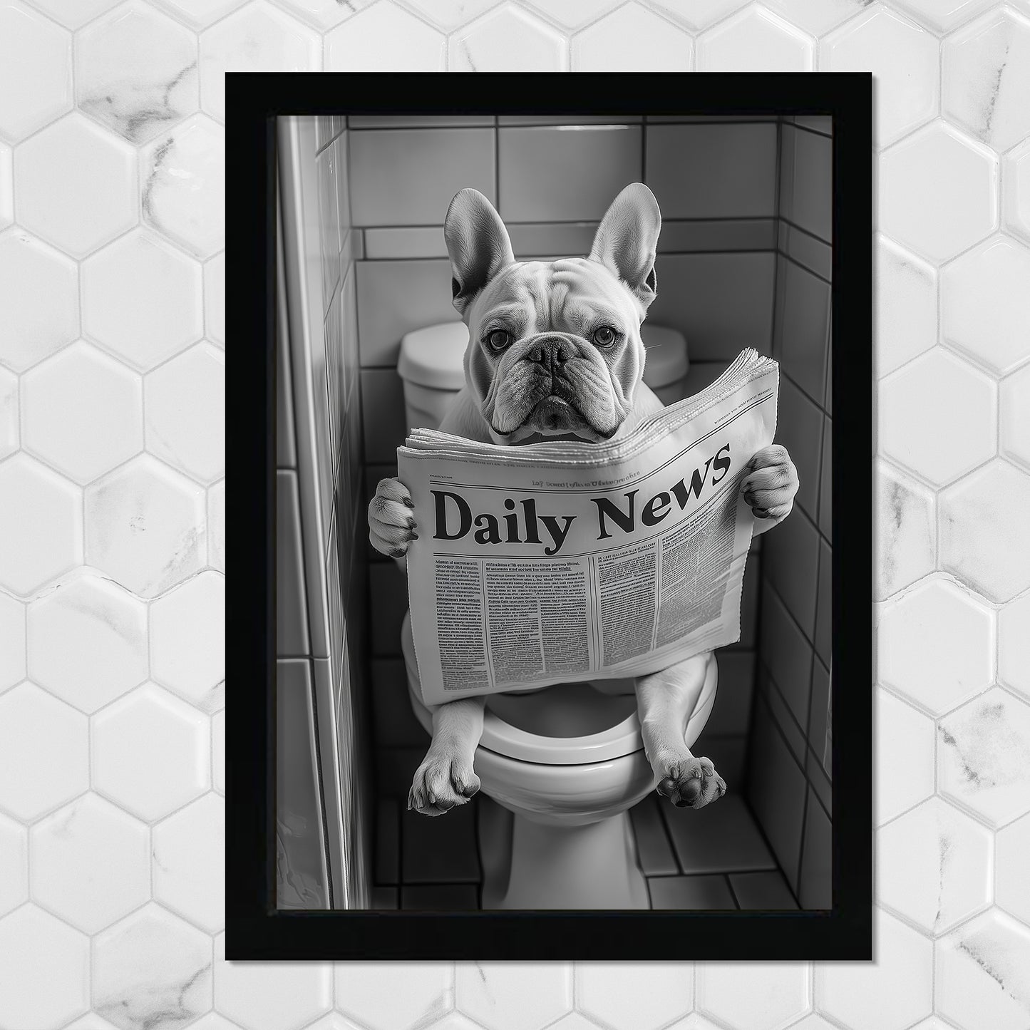 Set de 2 Cuadros de Animales con Periódico en el WC, Perro, Cerdo, Blanco y Negro con Ilustración Impresa en Estilo B/N para Decorar las Paredes del WC, Cuarto de Baño, Aseo, WC