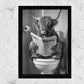 Set de 2 Cuadros de Animales con Periódico En el Inodoro, Toro, Zorro, Blanco y Negro con Ilustración Impresa en Estilo B/N para Decorar las Paredes del Inodoro, Baño, Lavabo, WC