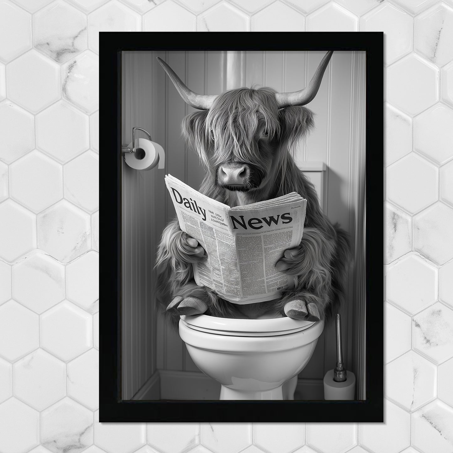 Set de 2 Cuadros de Animales con Periódico En el Inodoro, Toro, Zorro, Blanco y Negro con Ilustración Impresa en Estilo B/N para Decorar las Paredes del Inodoro, Baño, Lavabo, WC