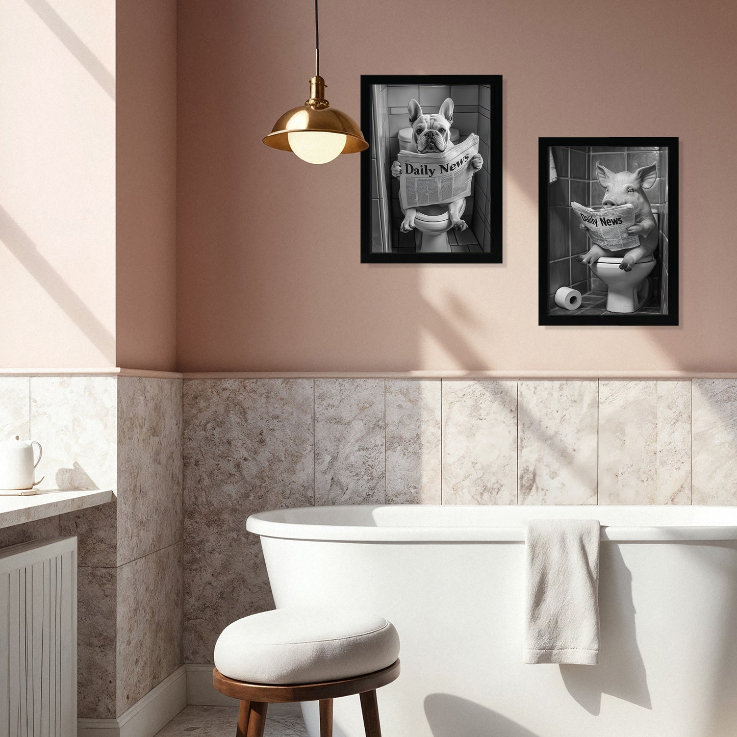 Set de 2 Cuadros de Animales con Periódico en el WC, Perro, Cerdo, Blanco y Negro con Ilustración Impresa en Estilo B/N para Decorar las Paredes del WC, Cuarto de Baño, Aseo, WC