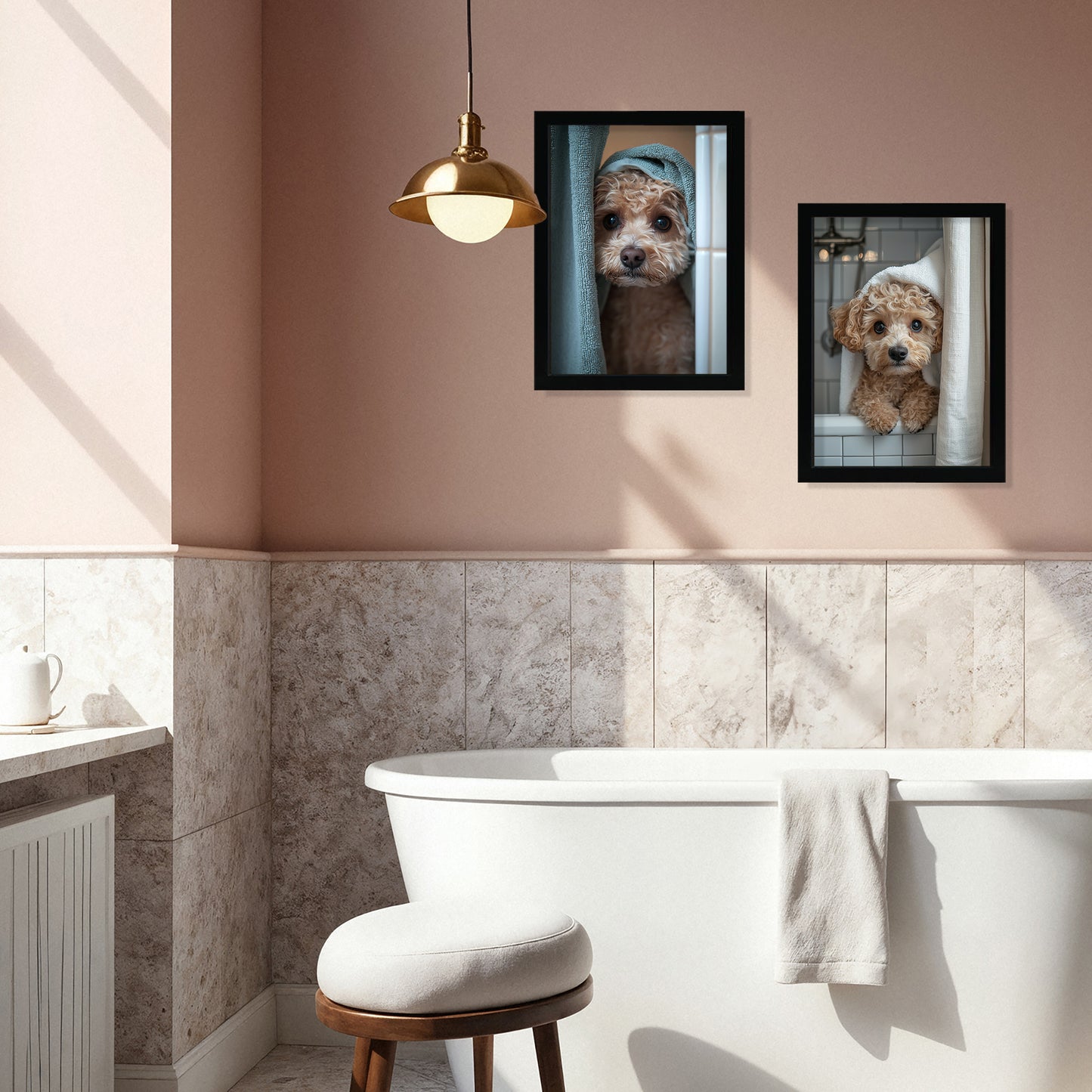 Set de 2 Cuadros Coloridos de Perro en la Ducha, Ilustración de Baño de Cachorros en Estilo Fotográfico, Lindos Animales para Decorar, Arte de Pared para Inodoro, Ducha, Baño, WC