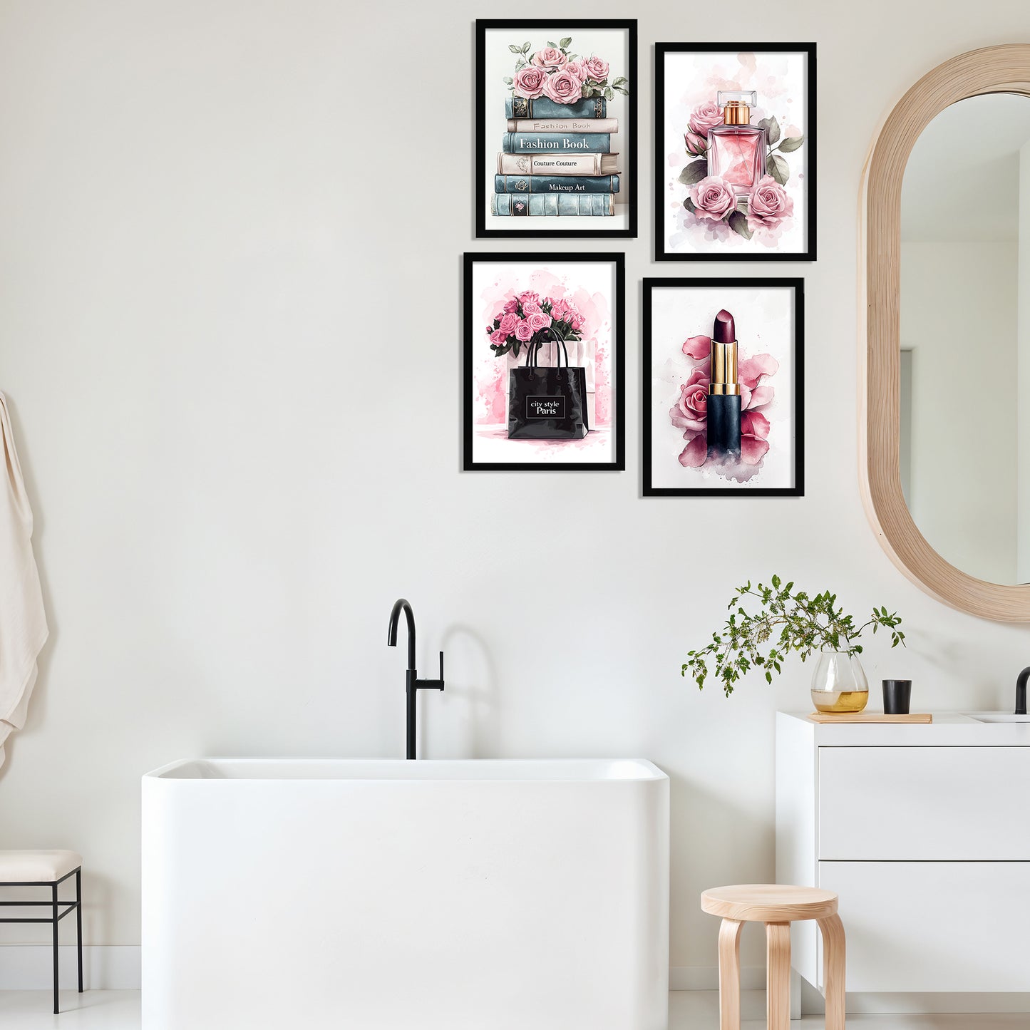 Set de 4 Pósteres de Maquillaje y Cosmética Impresión Belleza Flores, Bolso, Perfume, Lápiz Labial ilustración para decorar las paredes del Inodoro, Tocador, Baño, Vestidor, Salón
