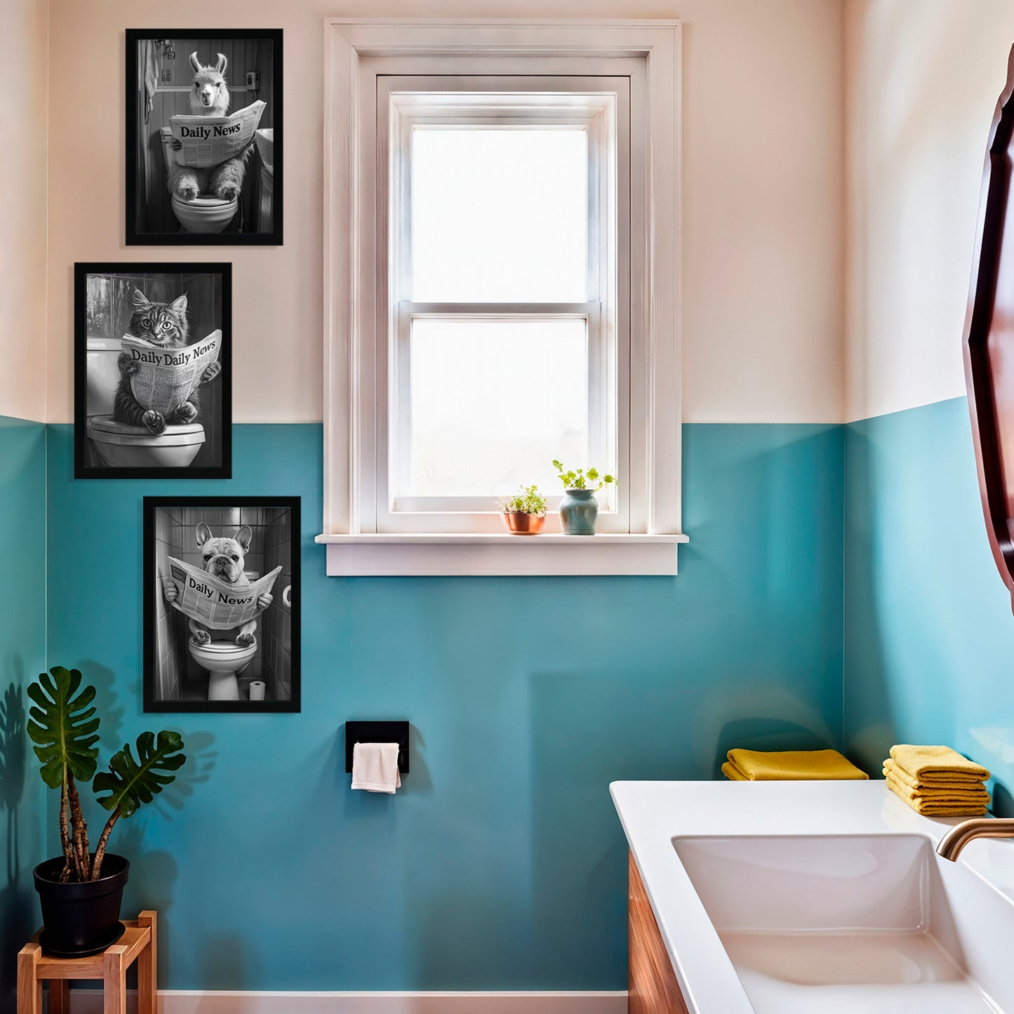 Set de 3 Cuadros Animales Leyendo Periódico En El Inodoro, Gato, Perro, Llama, Póster en Blanco y Negro con Ilustración Impresa en Estilo B/N para Decorar las Paredes del Inodoro, Baño, Lavabo, WC