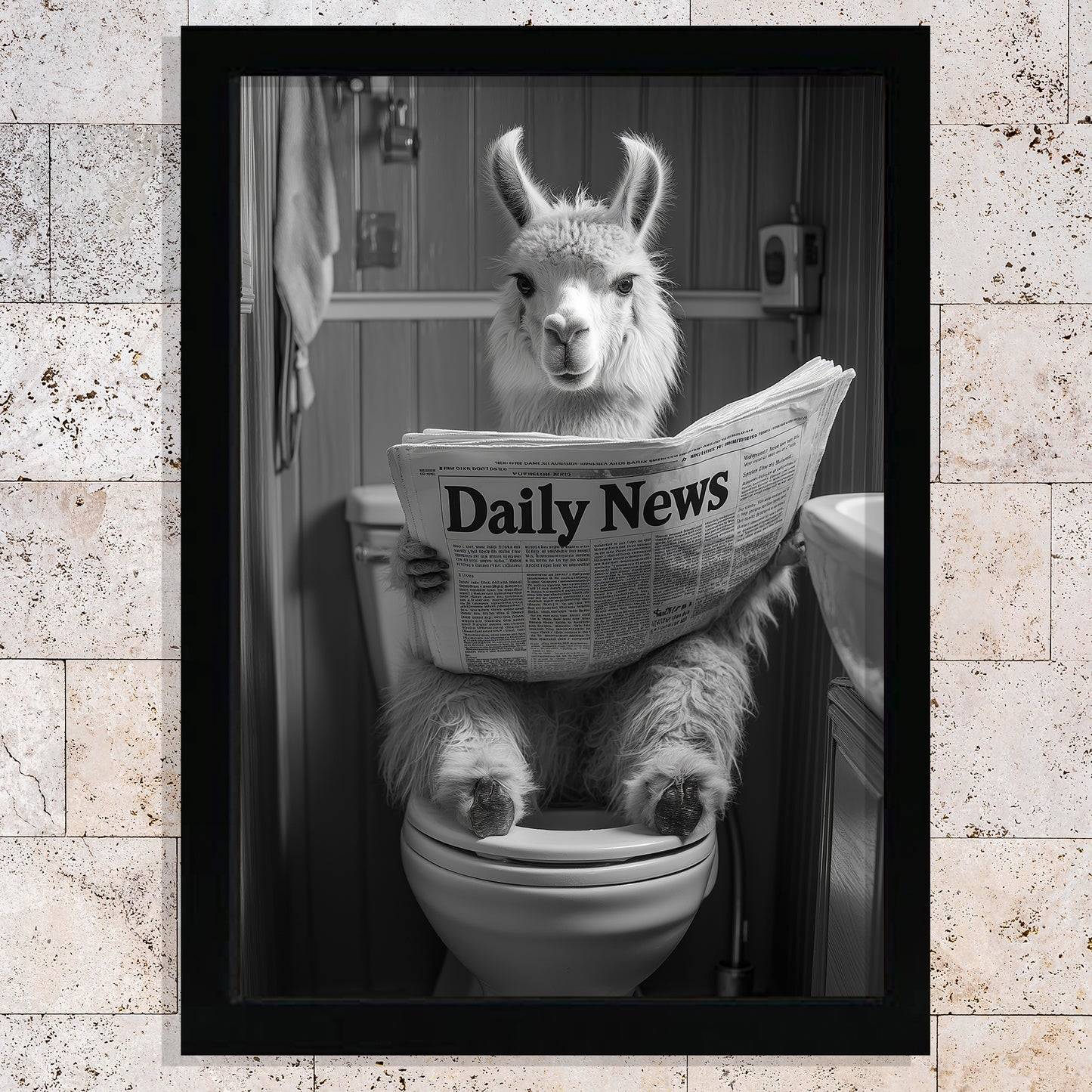 Set de 3 Cuadros Animales Leyendo Periódico En El Inodoro, Gato, Perro, Llama, Póster en Blanco y Negro con Ilustración Impresa en Estilo B/N para Decorar las Paredes del Inodoro, Baño, Lavabo, WC