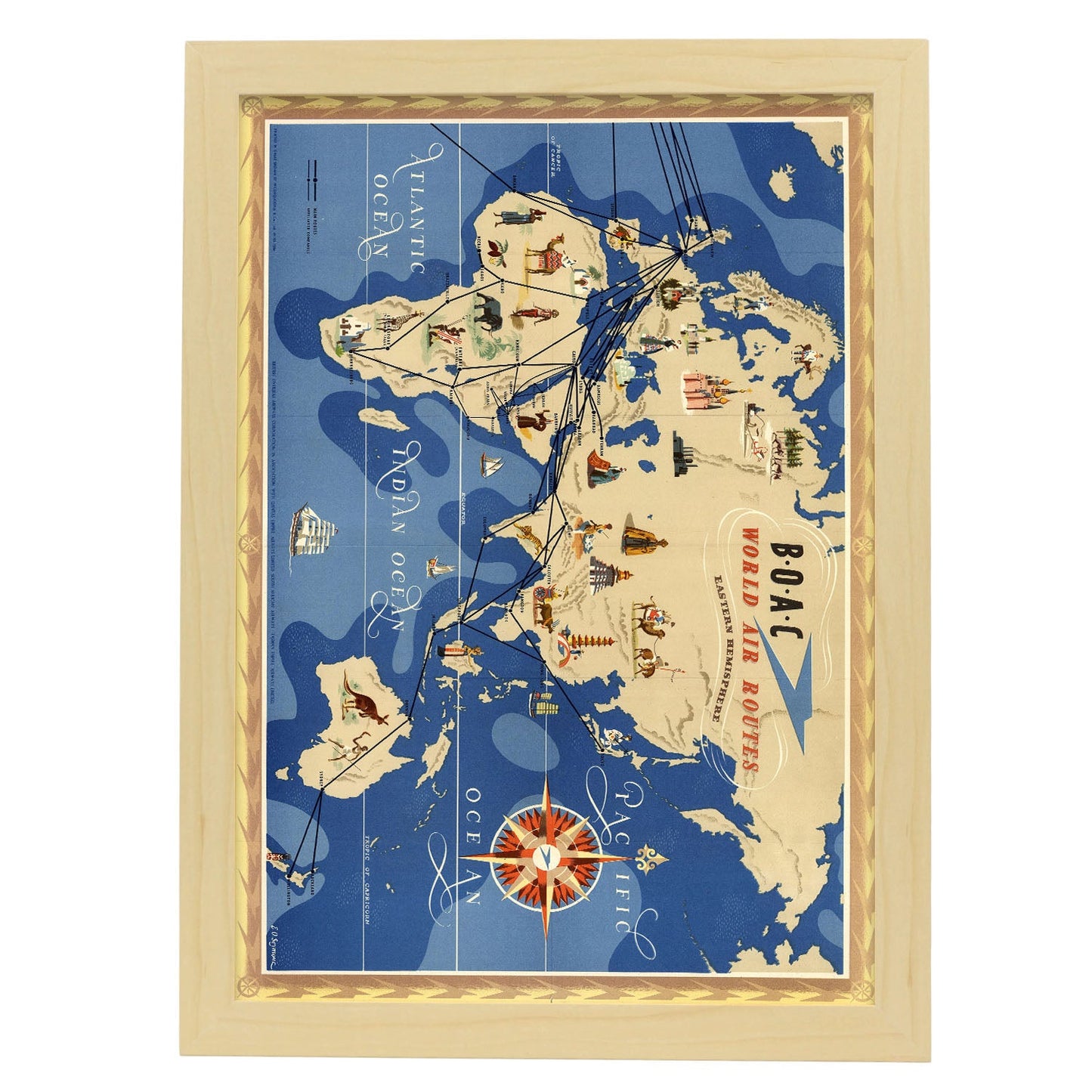BOAC-World-route-map-Eastern-Hemisphere-Artwork-Nacnic-A3-Marco Madera clara-Nacnic Estudio SL