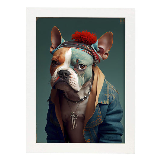 Bulldog nacnic vestido con ropa humana. Estampados de arte de pared estético para el diseño de dormitorio o sala de estar.-Artwork-Nacnic-A4-Marco Blanco-Nacnic Estudio SL