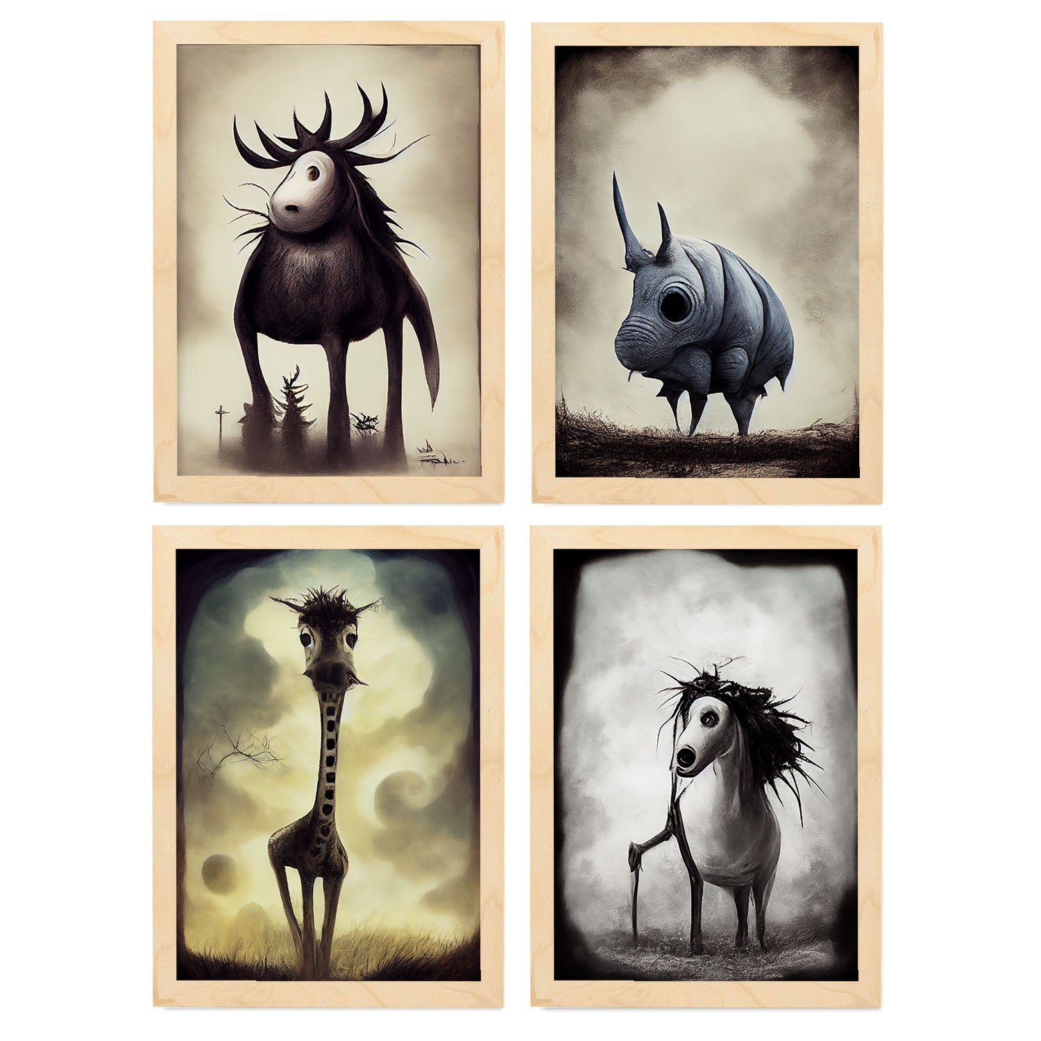 Burton style Animal Illustrations and Posters inspired by Burton's Dark and Goth art Interior Design and Decoration Sets Collection 1-Artwork-Nacnic-A4-Marco Madera clara-Nacnic Estudio SL