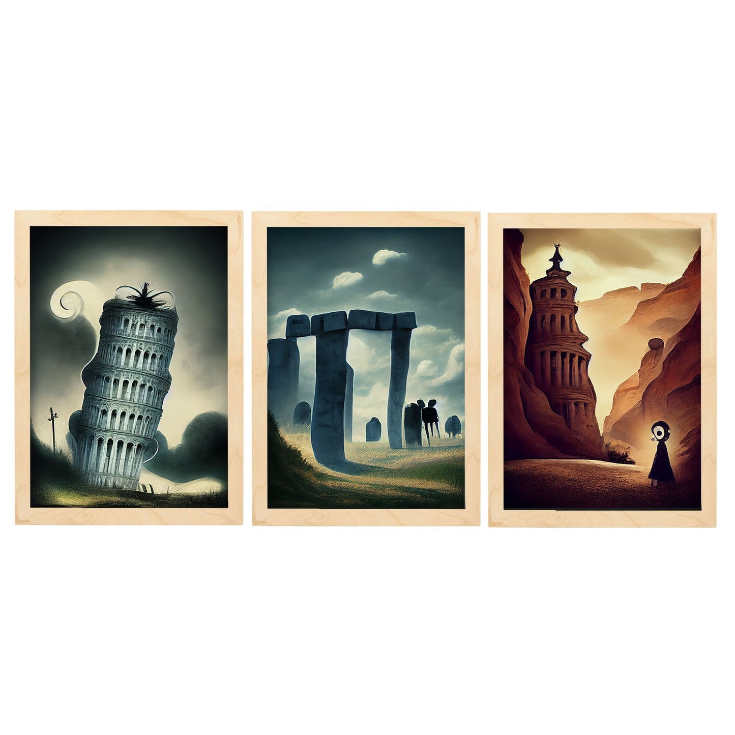 Burton style Illustrations of monuments and cities inspired by Burton's Dark and Goth art Interior Design and Decoration Set Collection 1-Artwork-Nacnic-A4-Marco Madera clara-Nacnic Estudio SL