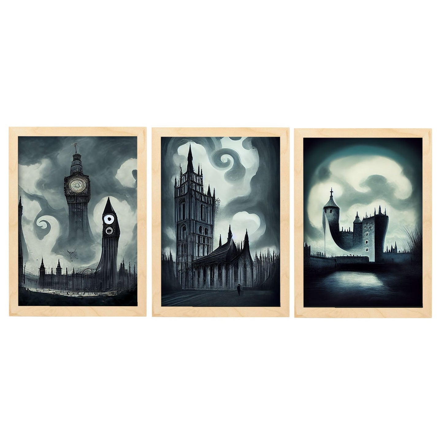 Burton style Illustrations of monuments and cities inspired by Burton's Dark and Goth art Interior Design and Decoration Set Collection 12-Artwork-Nacnic-A4-Marco Madera clara-Nacnic Estudio SL