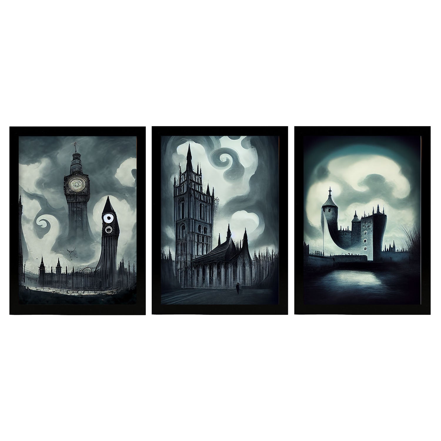 Burton style Illustrations of monuments and cities inspired by Burton's Dark and Goth art Interior Design and Decoration Set Collection 12-Artwork-Nacnic-A4-Sin Marco-Nacnic Estudio SL