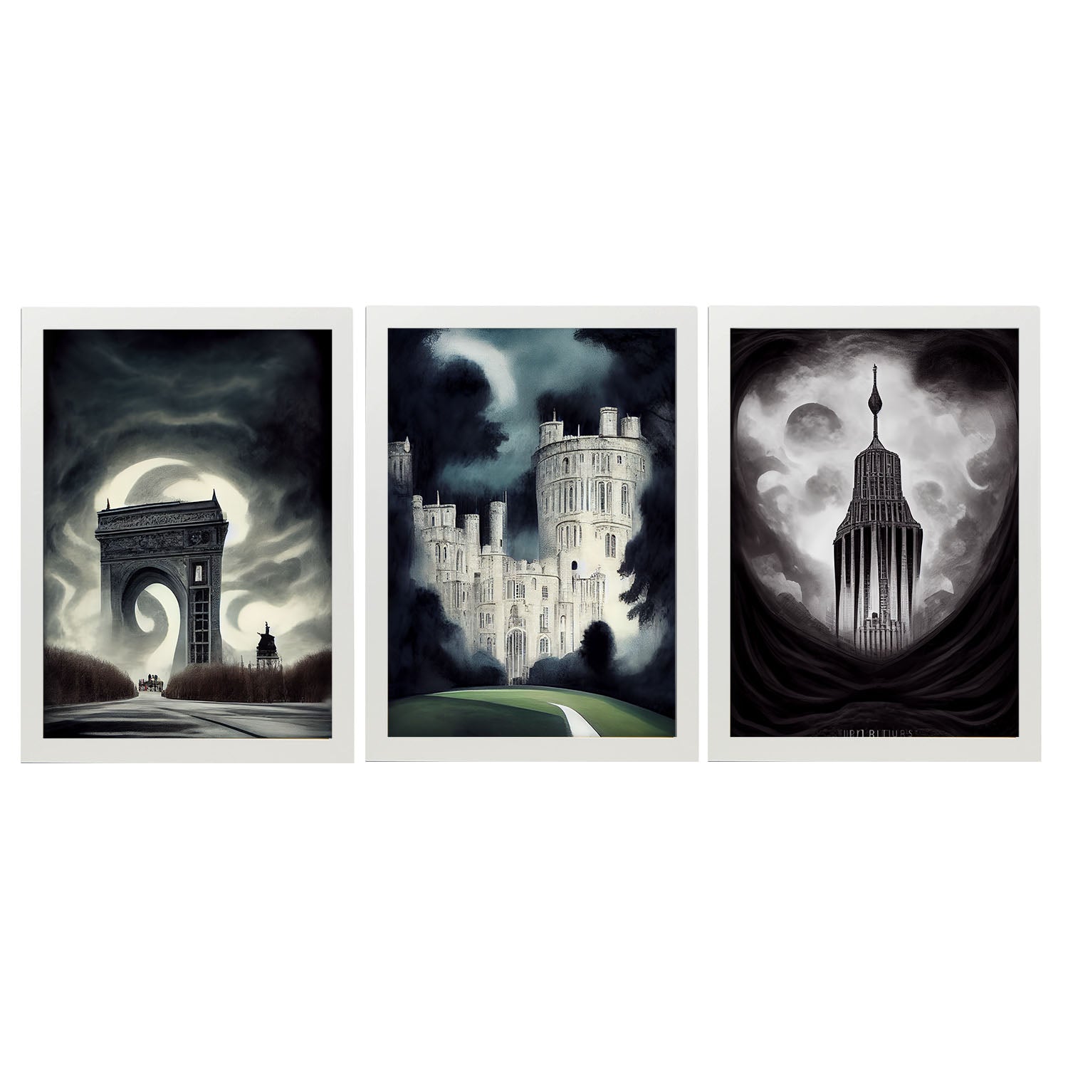 Burton style Illustrations of monuments and cities inspired by Burton's Dark and Goth art Interior Design and Decoration Set Collection 2-Artwork-Nacnic-A4-Marco Blanco-Nacnic Estudio SL
